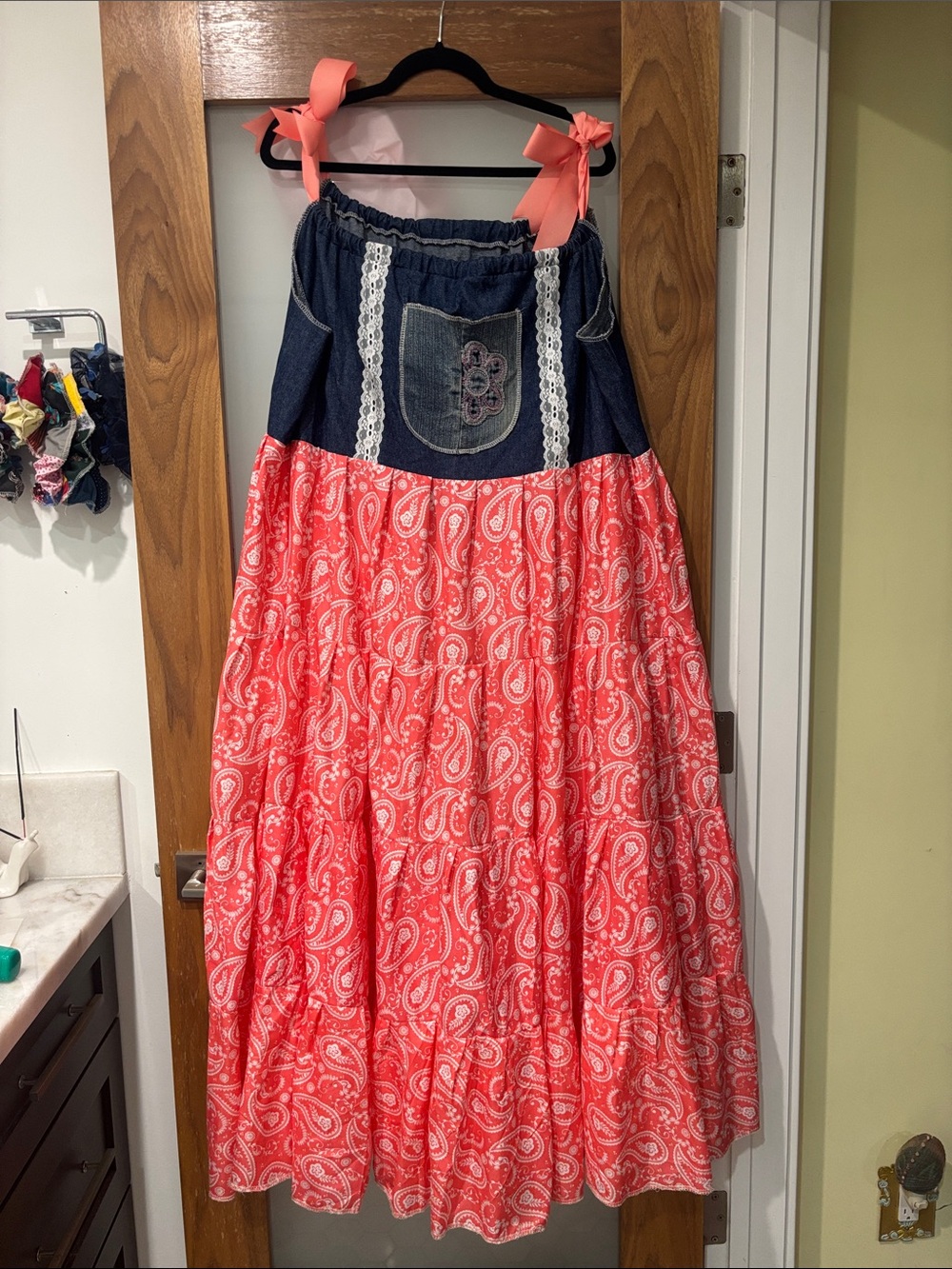 Handmade Coral Paisley Maxi Dress with Denim Bodice